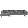 Corner Sofa Bed With 3 Pillows Grey Velvet Upholstery Light Wood Legs Reclining Right Hand Chaise Longue 4 Seater