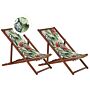 Set Of 2 Garden Deck Chairs Dark Acacia Wood Frame Toucan Pattern Replacement Fabric Hammock Seat Reclining Folding Sun Lounger