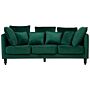 Sofa Green Velvet Upholstered 3 Seater Cushioned Seat And Back With Wooden Legs