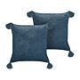 Set Of 2 Decorative Cushions Dark Blue Velvet And Cotton 45 X 45 Cm Floral Pattern Block Printed