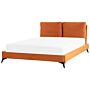 Eu King Size Bed Orange Velvet Upholstery 5ft3 Slatted Base With Thick Padded Headboard With Cushions