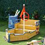 Outsunny Kids Wooden Sandpit Children Sandbox Pirate Ship Sandboat Outdoor Backyard Playset Play Station W/ Bench Bottom Liner