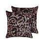 Set Of 2 Decorative Cushions Black Pink Cotton 45 X 45 Cm Velvet Botanical Motif Modern Glamour Decor