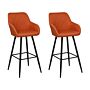 Set Of 2 Bar Stool Orange Fabric Upholstered With Arms Quilted Backrest Black Metal Legs