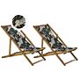 Set Of 2 Garden Deck Chairs Light Acacia Wood Frame Animal Pattern Replacement Fabric Hammock Seat Reclining Folding Sun Lounger