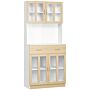 Homcom Modern Kitchen Cupboard, Freestanding Storage Cabinet Hutch With Central Drawer, 2 Glass Door Cabinets And Countertop,180cm