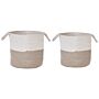 Set Of 2 Storage Baskets Beige White Cotton Laundry Bins Woven