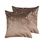 Set Of 2 Decorative Cushions Brown Velvet 45 X 45 Cm Gold Dots Foil Print