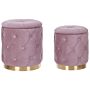 Set Of Storage Pouffes Pink Polyester Velvet Button Tufted Upholstery Golden Base Retro Design Beliani