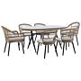 Garden Dining Set Beige Faux Pe Rattan 6 Seater Seat Pads Glass Tabletop