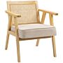 Homcom Bohemian Armchair, Fabric Accent Chair With Rattan Back, Rubber Wood Frame And Padded Seat Cushion, Natural Wood Finish