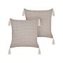 Set Of 2 Scatter Cushions Taupe 42 X 42 Cm Throw Pillow Geometric Pattern Tassels Removable Cover With Filling