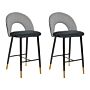 Set Of 2 Bar Chairs Black And White Velvet Black Steel Retro Design Golden Ends Dining Room