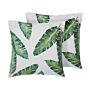 Set Of 2 Decorative Cushions Green Leaf Pattern 45 X 45 Cm Tropical Motif Print