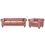 Chesterfield Living Room Set Pink Velvet Upholstery Black Legs 3 Seater Sofa + Armchair