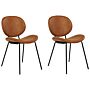 Set Of 2 Dining Chairs Golden Brown Armless Leg Caps Faux Pu Leather Black Iron Legs