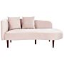 Chaise Lounge Light Pink Velvet Polyester Upholstery Left Hand Dark Wood Legs Extra Throw Pillows