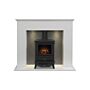 Adam Corinth Stove Fireplace In Pure White & Grey With Downlights & Hudson Electric Stove In Black, 48 Inch