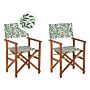 Set Of 2 Garden Director's Chairs Dark Wood With Grey Acacia Leaf Pattern Replacement Fabric Folding