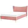 Eu Double Size Bed Pink Velvet 4ft6 Upholstered Frame Metal Legs Slatted Base Headboard