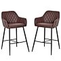 Homcom Set Of 2 Bar Stools With Backs Retro Pu Leather Bar Chairs W/ Footrest Metal Frame Comfort Support Stylish Dining Seating Home Brown