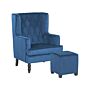 Armchair With Footstool Blue Velvet Fabric Wooden Legs Wingback Style