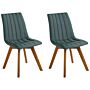 Set Of 2 Chairs Green Polyester Fabric Dark Solid Wood Legs Vertical Padding Curved Back