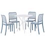 Garden Dining Set Blue And White Plastic 4 Seater Square Table Stackable Chairs Weatherproof