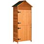 Outsunny 84 X 52cm Garden Shed 4-tier Wooden Garden Outdoor Shed 3 Shelves Utility Gardener Cabinet Lockable Double Doors Tool Kit Storage - Teak