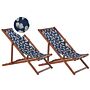 Set Of 2 Garden Deck Chairs Dark Acacia Wood Frame Floral Pattern Replacement Fabric Hammock Seat Reclining Folding Sun Lounger