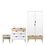 Oslo 3 Piece Bundle, Bedside, Chest And 2 Door 2 Drawers Wardrobe In White And Oak