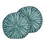 Set Of 2 Decorative Cushions Teal Fabric With Pleats Round 40 Cm