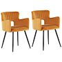 Set Of 2 Chairs Dining Chair Orange Velvet With Armrests Cut-out Backrest Black Metal Legs