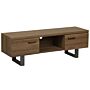 Tv Stand Dark Wood With Grey Metal Base Storage Shelf Cabinets Industrial Cable Management Minimalist Media Unit