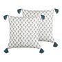 Set Of 2 Scatter Cushions White And Blue Cotton 45 X 45 Cm Floral Pattern Tassels Handmade Removable Cover With Filling