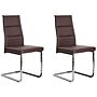 Set Of 2 Dining Chairs Dark Brown Faux Leather Upholstered Cantilever Silver Legs Armless