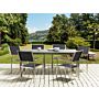 Garden Dining Set Black Granite Effect Tabletop Glass Stainless Steel Frame Set Of 6 Chairs Textilene