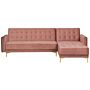 Corner Sofa Bed Pink Velvet Tufted Fabric Modern L-shaped Modular 4 Seater Right Hand Chaise Longue