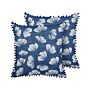 Set Of 2 Decorative Cushions Dark Blue Polyester 45 X 45 Cm Leaf Print Ginkgo Biloba Glamour Pompoms