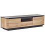 Tv Stand Light Wood And Black Mdf 1 Drawers 2 Cabinets Cable Grommet