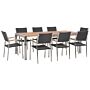 Garden Dining Set Light Eucalyptus Wood Top Steel Frame 220 X 100 Cm With 8 Black Rattan Chairs