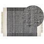 Area Rug Black And Off-white Wool 140 X 200 Cm Rectangular Hand Woven With Tassels