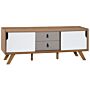 Sideboard Light Wood Veneer 56 X 147 X 42 Cm With 2 White Sliding Doors And 2 Grey Drawers