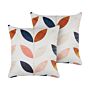 Set Of 2 Decorative Cushions Off-white Velvet 45 X 45 Cm Leaf Pattern