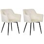 Set Of 2 Dining Chairs Cream Beige Velvet Upholstered Seat With Armrests Black Metal Legs