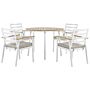 Outdoor Dining Set White Aluminium 4 Seater Round Table 105 Cm Slatted Chairs With Beige Seat Pads Beliani