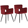 Set Of 2 Chairs Dining Chair Red Velvet With Armrests Cut-out Backrest Black Metal Legs