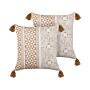 Set Of 2 Scatter Cushions Light Brown And White 45 X 45 Cm Hand Block Print Removable Covers Zipper Aztec Pattern