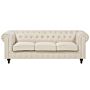 Chesterfield Sofa Beige Fabric Upholstery Dark Wood Legs 3 Seater