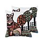 Set Of 2 Scatter Cushions Multicolour Cotton Wool 50 X 50 Cm Cat Motif Handmade Embroidered Removable Cover With Filling